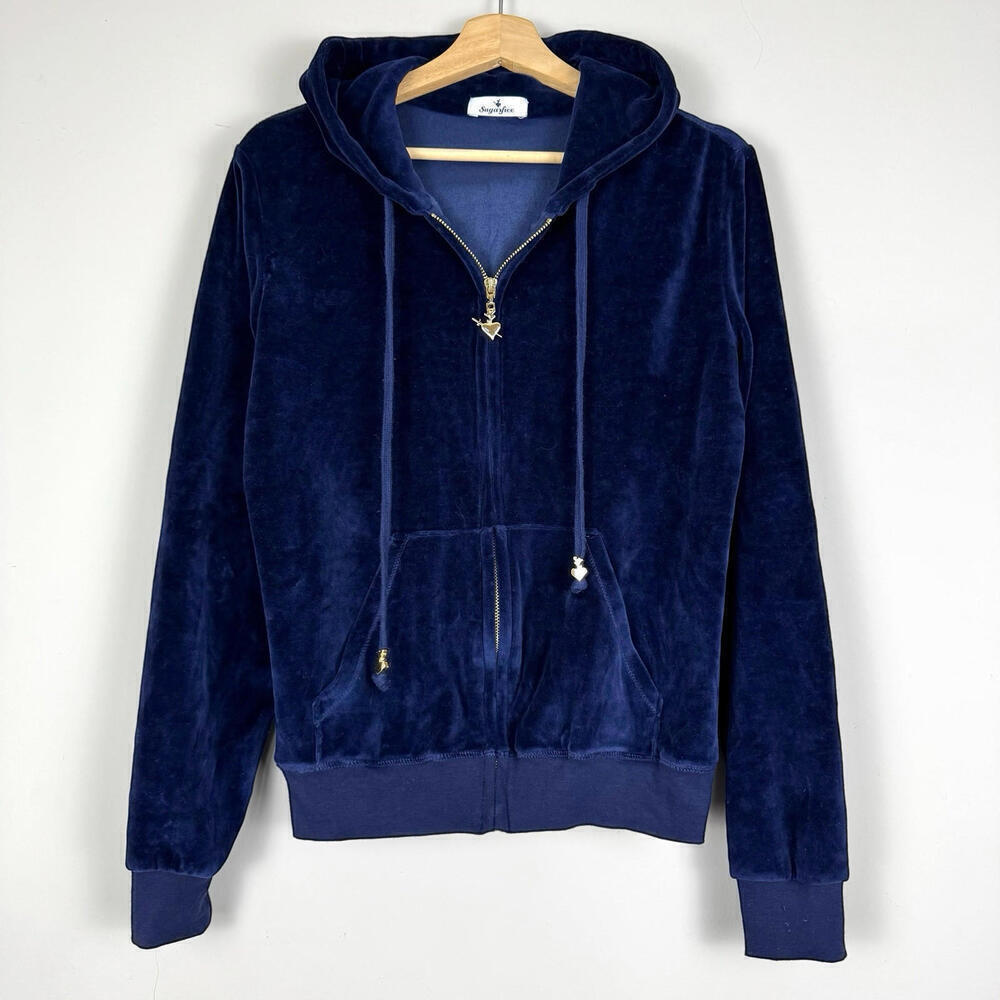 Sugarfree Navy Blue Velour Zip-Up Hoodie Gold Hardware Size M Y2K Angle Heart